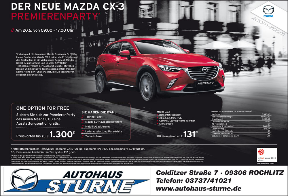 der neue Mazda CX-3 in Rochitz am 20.06.2015.