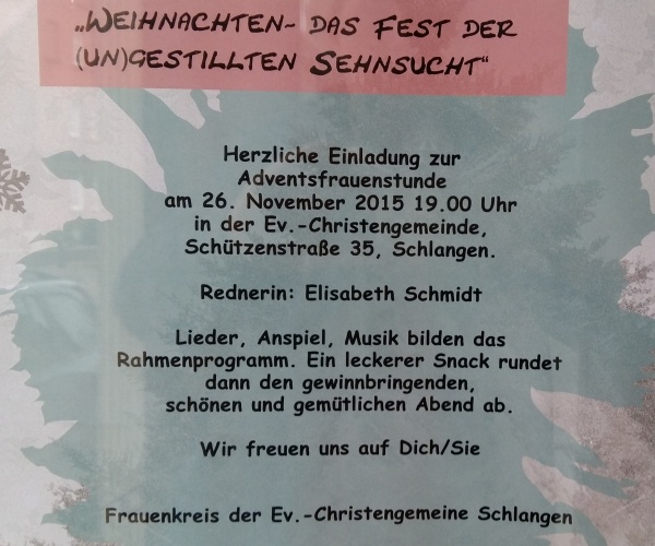 Einladung zur Adventsfrauenstunde der ev. Christengemeinde in Schlangen