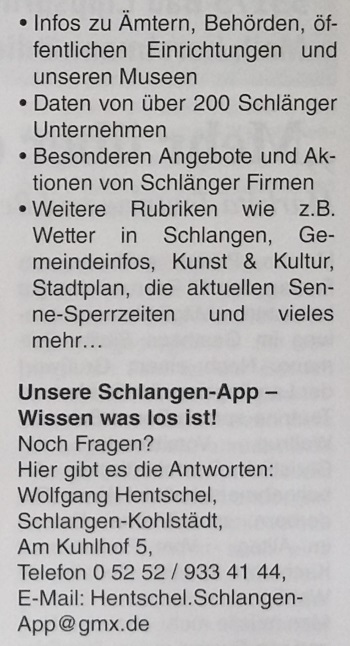 Viel Inforamtion zu unserer Schlangen-App gibt es in der aktuellen Ausgabe vom Schlänger Boten