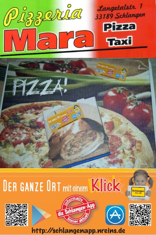 Schlangen-App Aufkleber auf den Lieferkartons von Pizza Mara in Schlangen