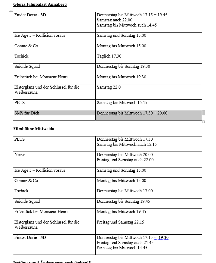 Kinoprogramm Mittweida