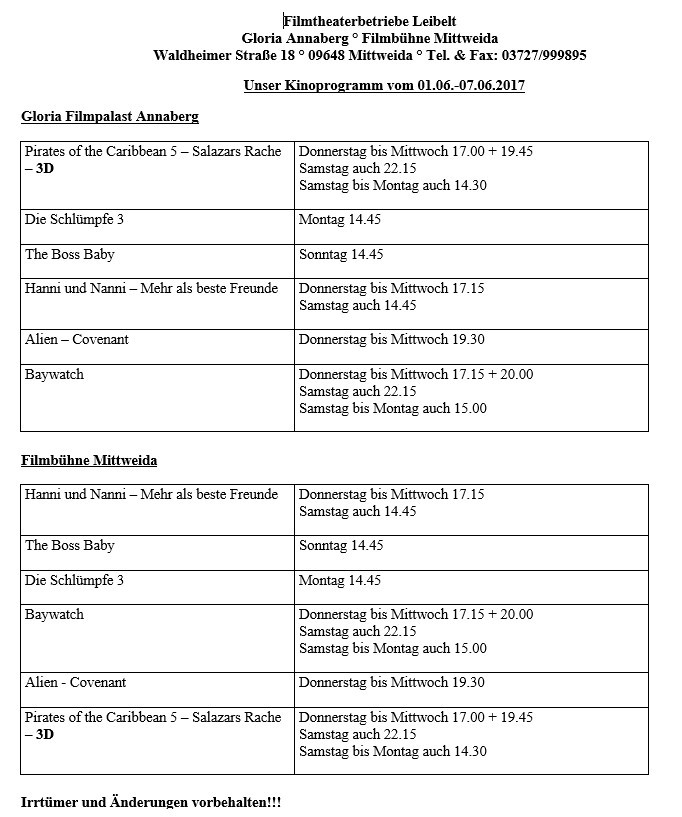 Aktuelles im Kino vom 1. Juni - 6. Juni 2017