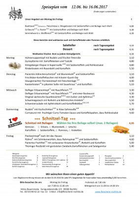 Speiseplan der Bauernstube - 12.06 bis 16.06.2017