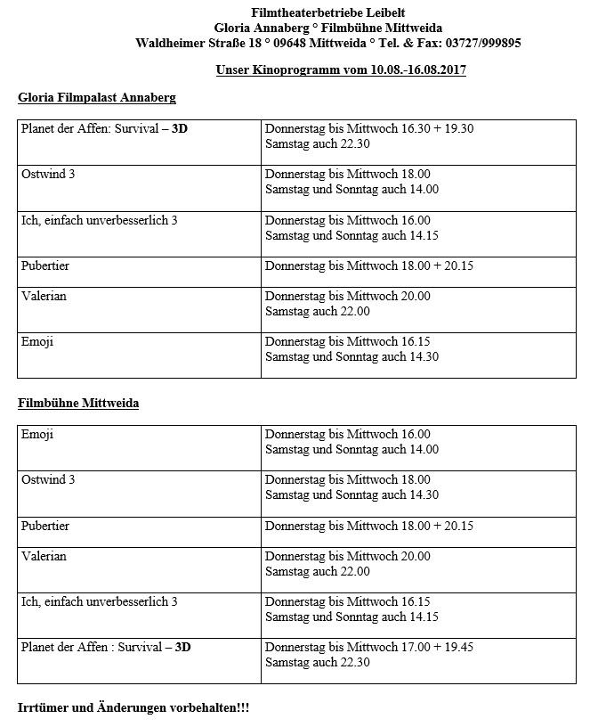 Kinoprogramm vom 10.08. - 16.08.2017