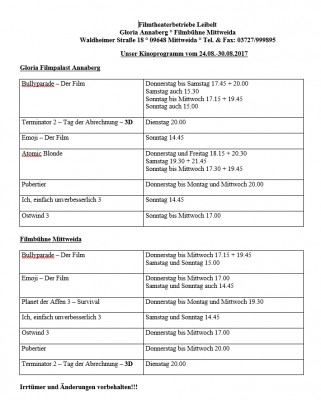 Unser Kinoprogramm vom 24.08.-30.08.2017