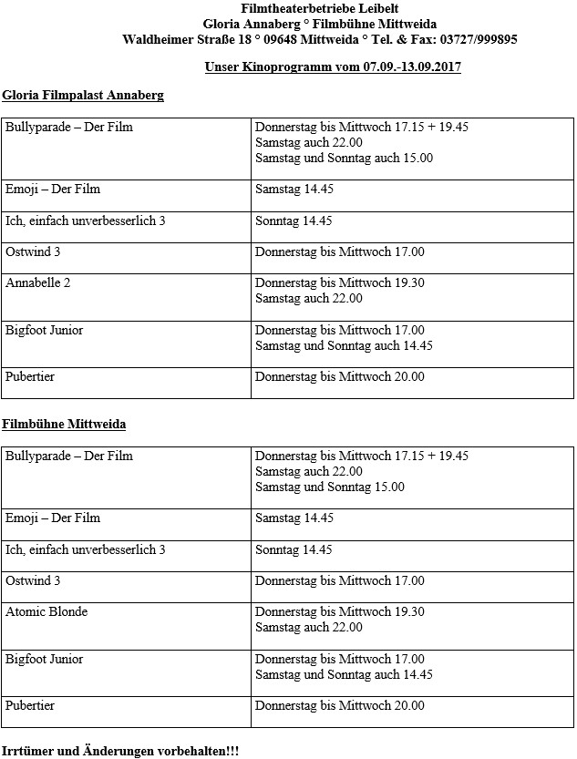 Unser Kinoprogramm vom 07.09.-13.09.2017
