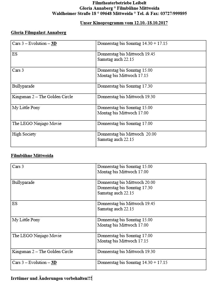 Unser Kinoprogramm vom 12.10.-18.10.2017
