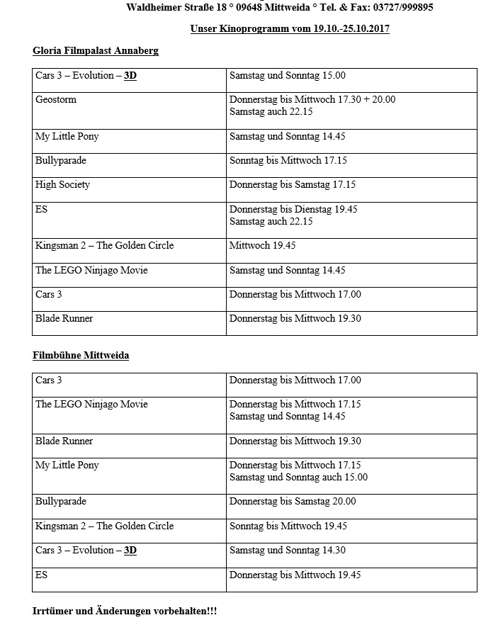 Unser Kinoprogramm vom 19.10.-25.10.2017