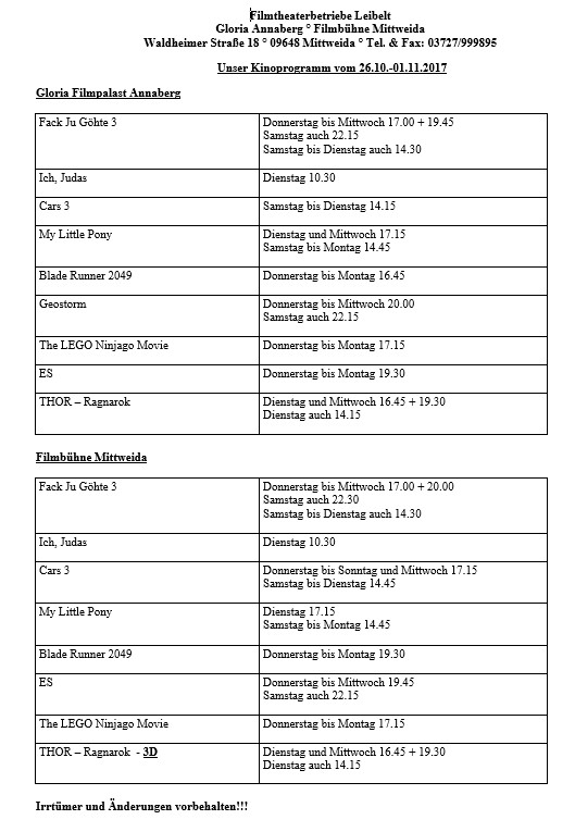 Unser Kinoprogramm vom 26.10. - 01.11.2017