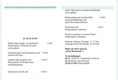 Speisekarte aktuell und Veranstaltungshinweis