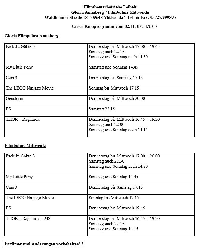 Unser Kinoprogramm vom 02.11. - 08.11.2017