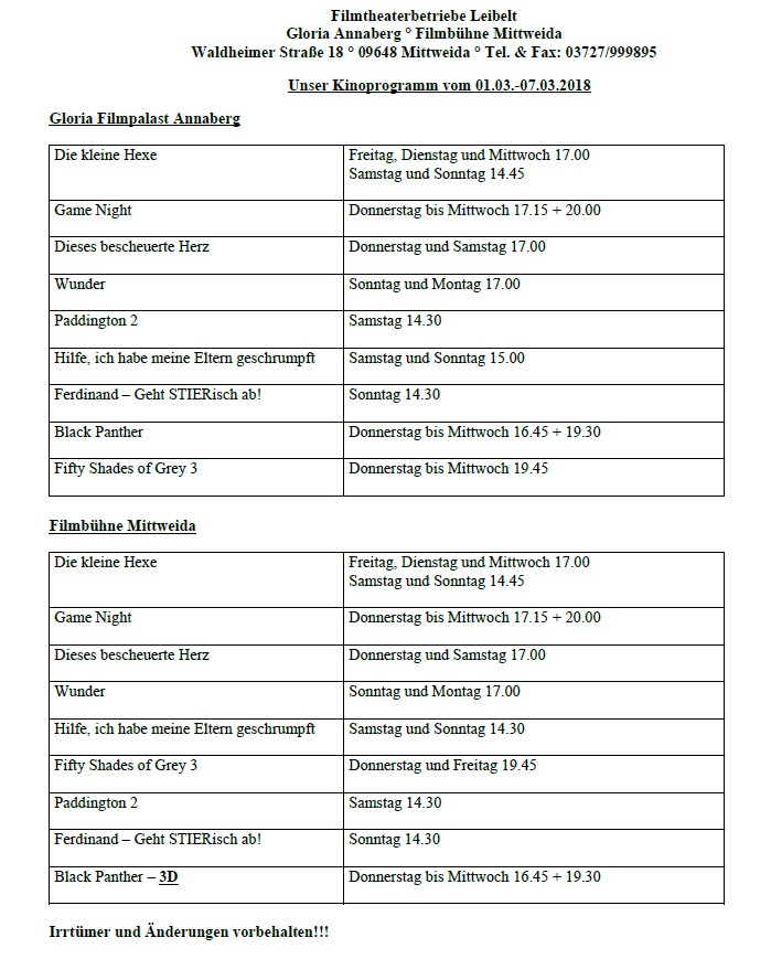 Unser Kinoprogramm vom 01.03.2018 - 07.03.2018