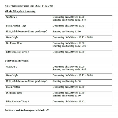 Unser Kinoprogramm vom 08.03.2018 - 14.03.2018