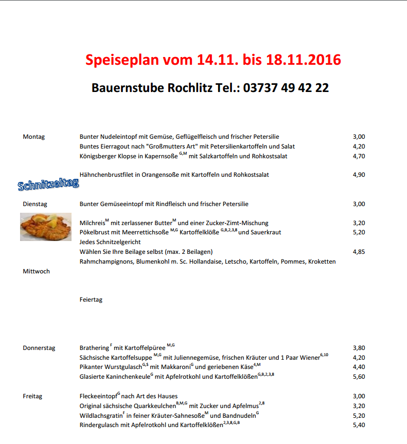 Speiseplan der Bauernstube in Rochlitz