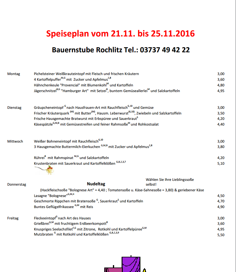 Speiseplan Bauernstube 21.11.-25.11.16