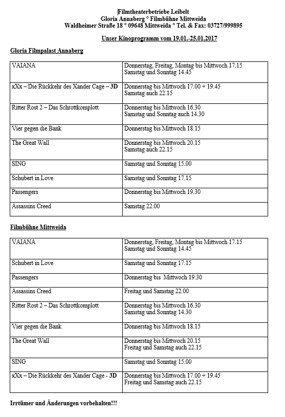 Kinoprogramm vom 19.01. - 25.01.17