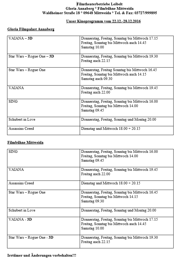 Kinoprogramm Mittweida und Annaberg ab 22.12.16