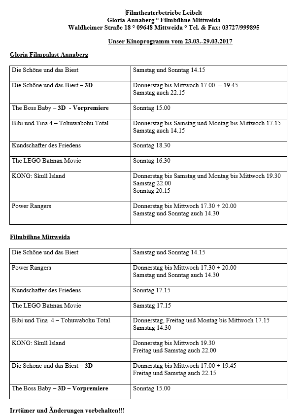Aktuelles Kinoprogramm vom 23.03. - 29.03.17