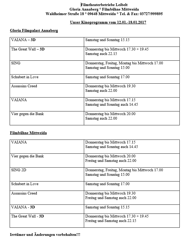 Kinoprogramm Mittweida und Annaberg 