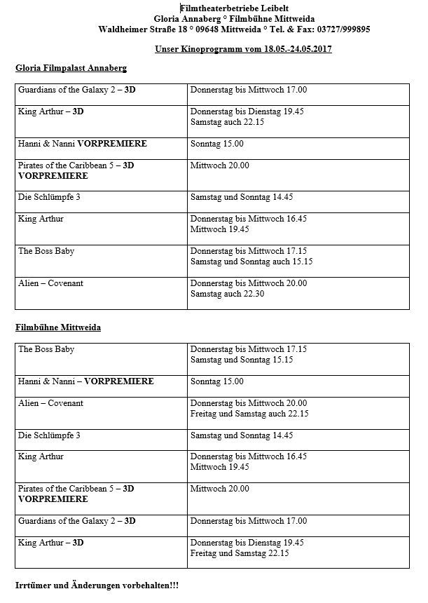 Kinoprogramm ab 18. Mai 2017