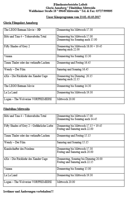 Kinoprogramm 23.02. - 01.03.17