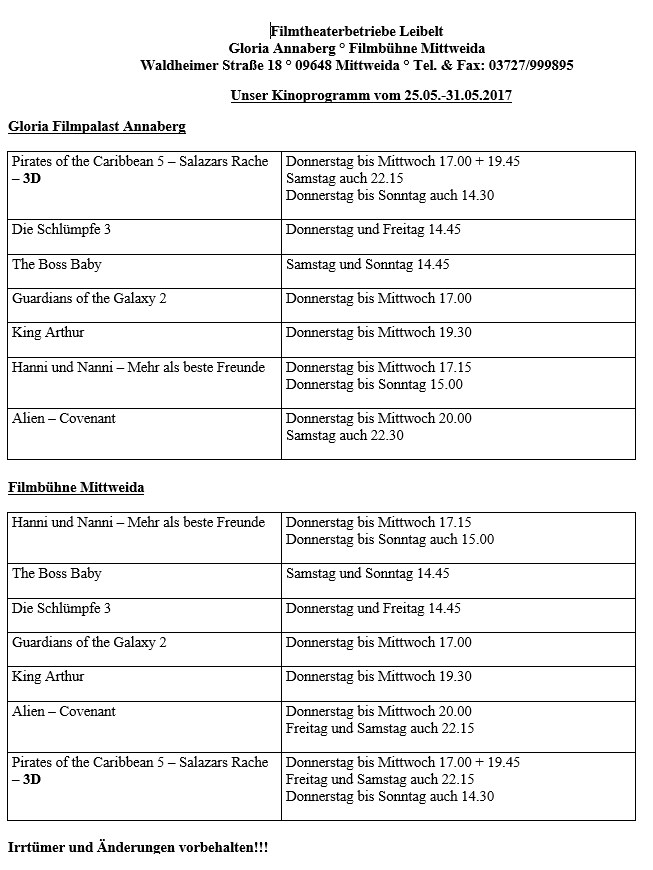 Kinoprogramm ab 25.. Mai in Mittweida Filmtheater Leibelt