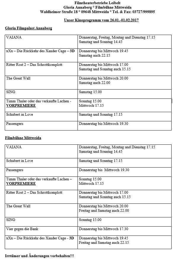 Kinoprogramm vom 26.01. - 1.02.2017