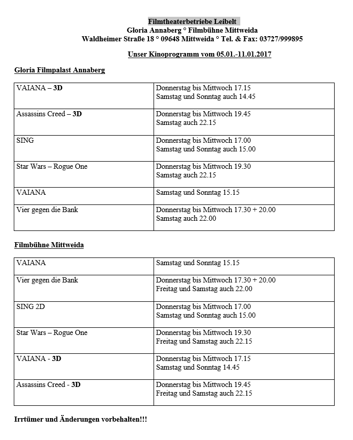 Kinoprogramm 5.01. - 11.01.17