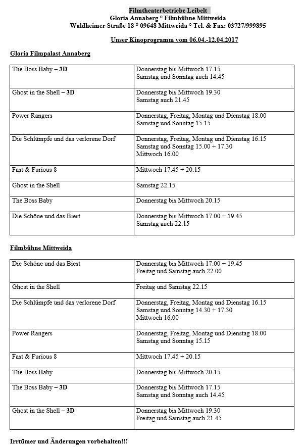 Kinoprogramm vom 06.04. - 12.04.17