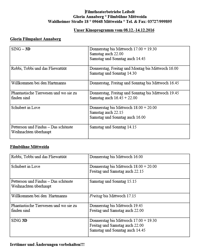 Kinoprogramm in Mittweida ab 8.12.16