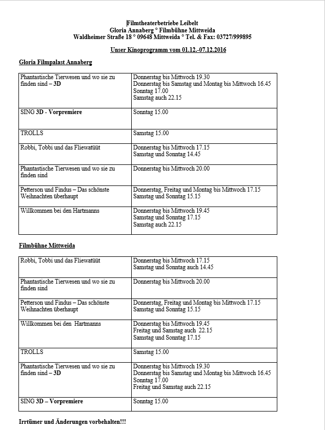 Kinoprogramm Mittweida und Annaberg 