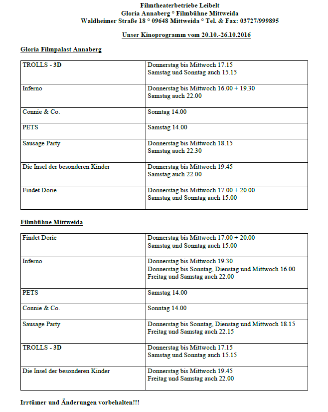 Kinoprogramm in Mittweida und Annaberg 13.10. - 19.10.2016